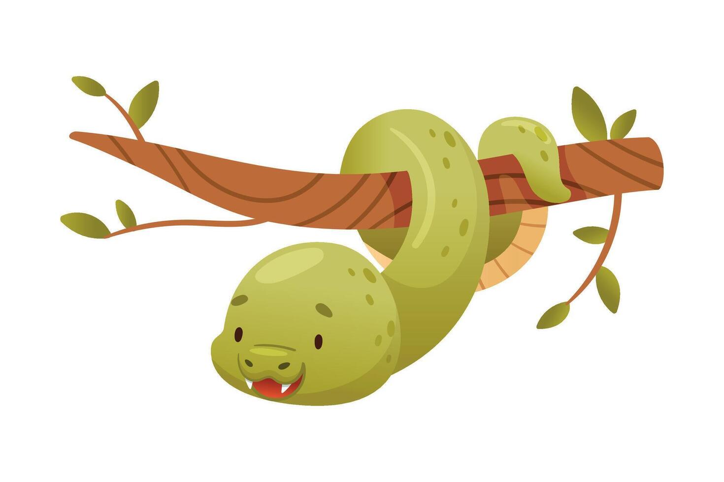 Cute green snake hanging on tree. Funny wild reptile baby animal cartoon illustration vector