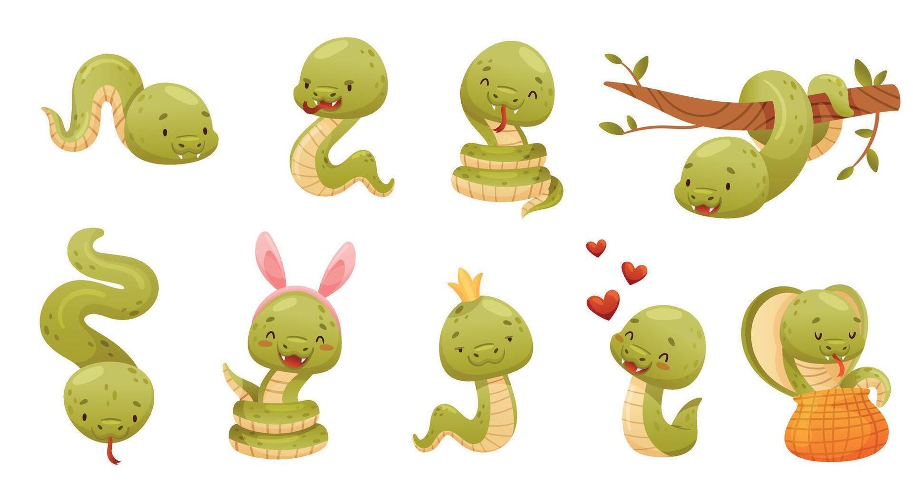 Cute green snake doing various actions set. Funny wild reptile baby animal cartoon illustration vector
