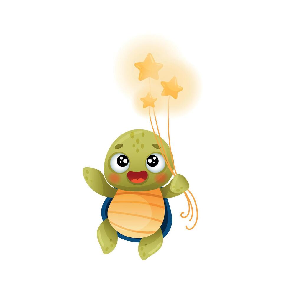 Cute turtle astronaut holding bunch of stars in its paw. Adorable baby tortoise character flying in outer space illustration vector