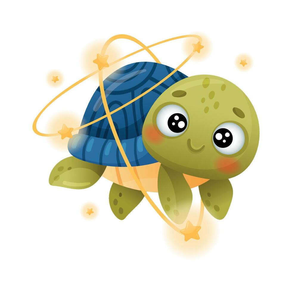 Cute turtle astronaut floating in outer space. Adorable baby tortoise character flying in outer space illustration vector