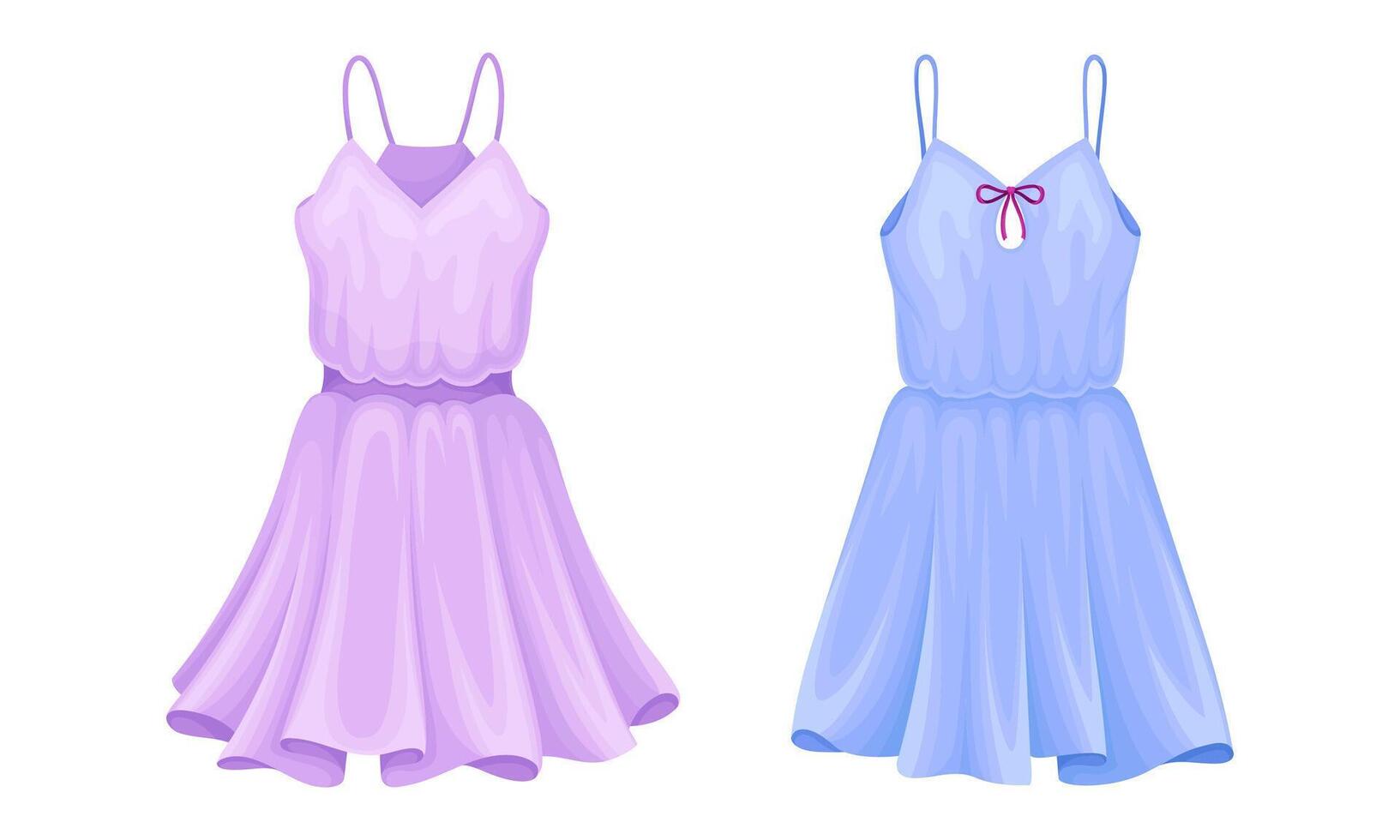 Light Textile Summer Dress with Thin Shoulder Straps and Flared Dress Border Set vector