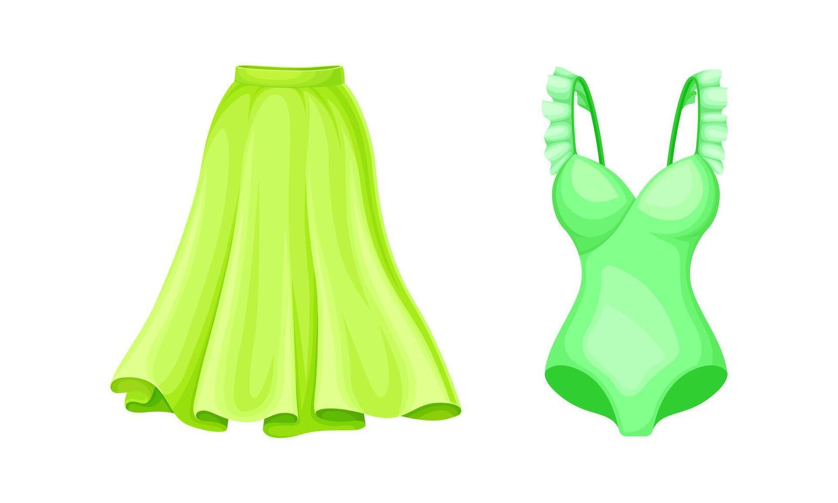 Midi Flared Skirt with High Waist and One-piece Swimsuit with Shoulder Strap Set vector
