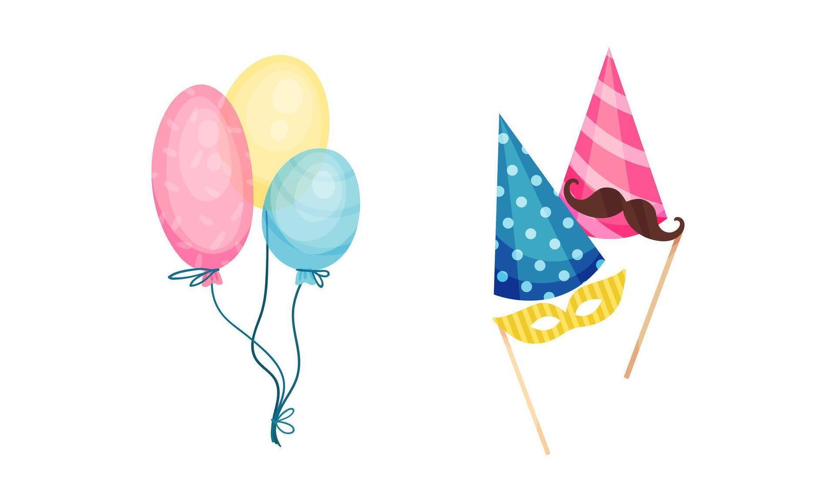 Bunch of Colorful Balloons and Cap with Moustache Mask as Birthday Symbol Set vector