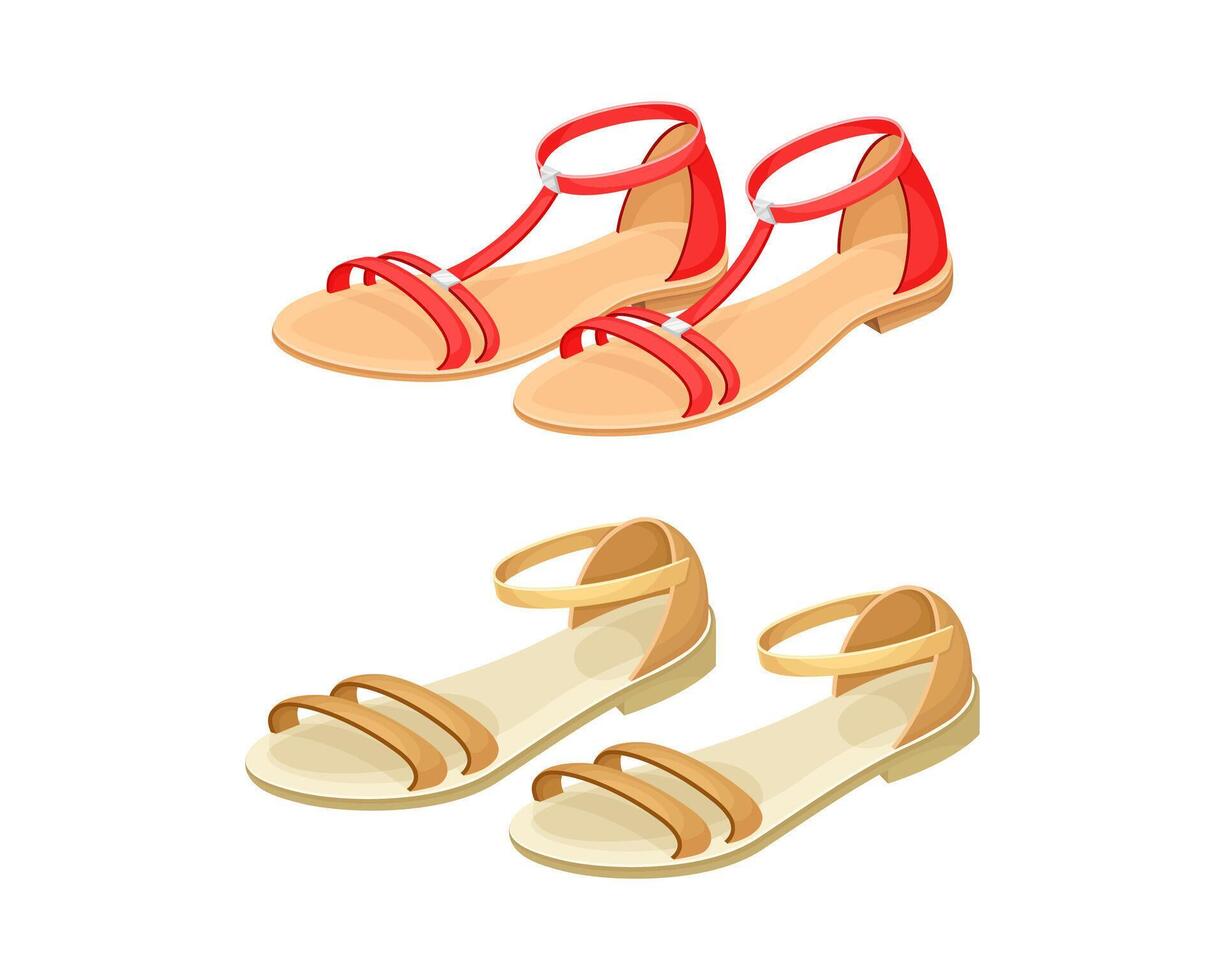 Open Toe Shoes or Peep-toes on Flat Sole as Summer Women Clothing Set vector