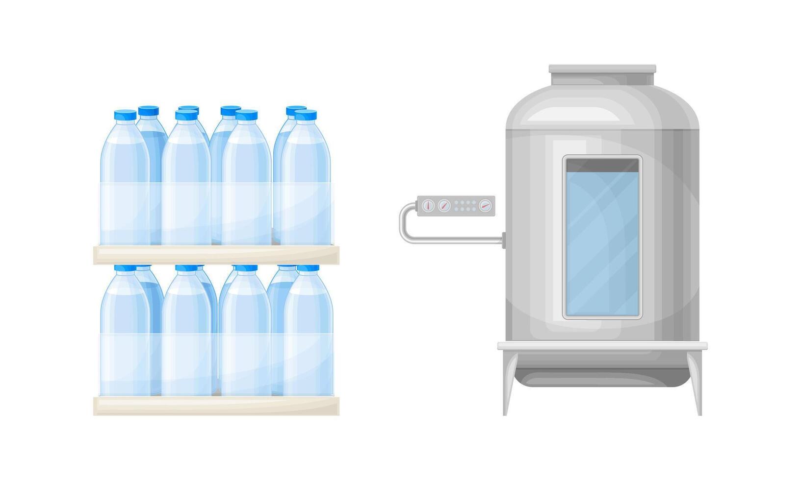 Water Poured in Plastic Bottles Rested on Shelf and Metal Tank with Mineral Fluid Set vector