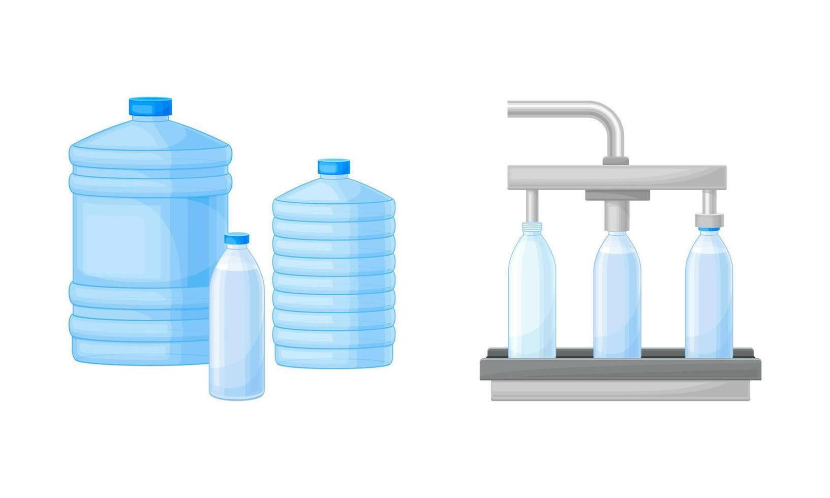 Drinking Water Poured in Plastic Bottles and Moving on Conveyor Belt Set vector