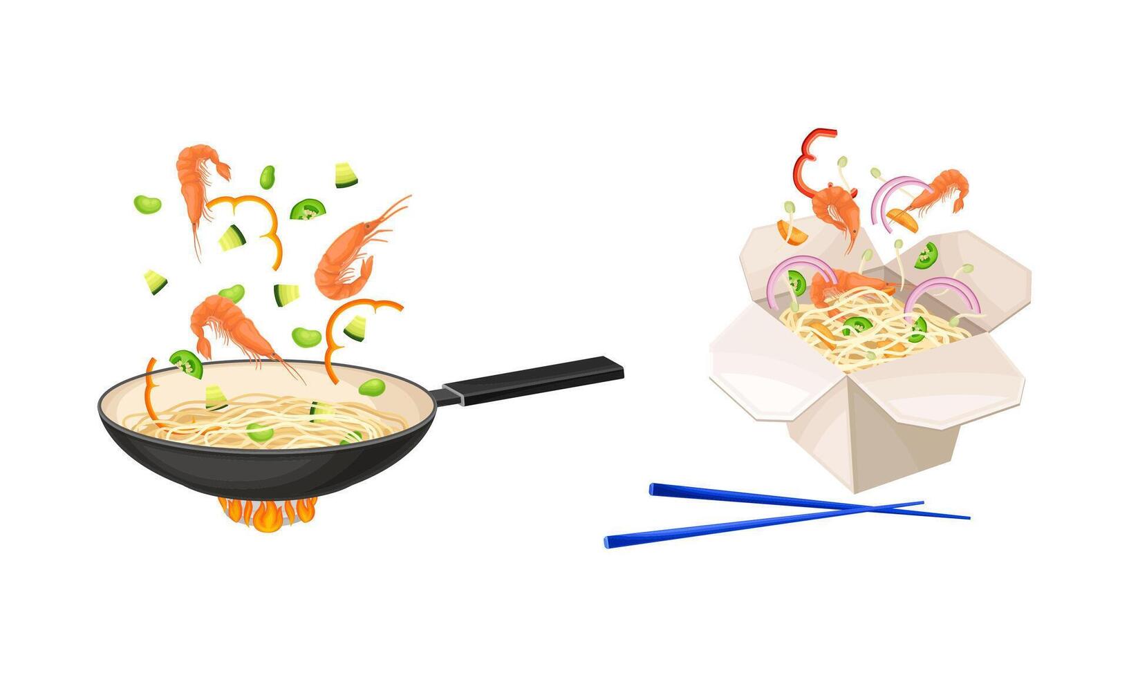 Chinese Udon Noodle Stir-frying in Wok Pan on Burner and Open Cardboard Box Set vector