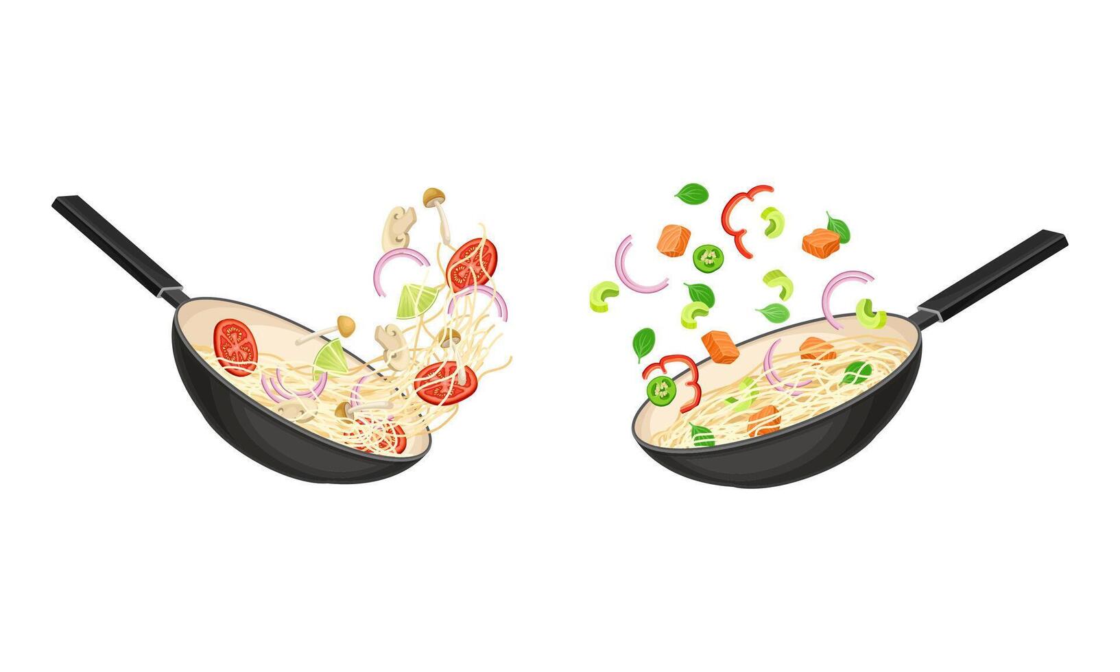 Chinese Udon Noodle Preparation with Ingredient Tossing on Frying Pan Set vector