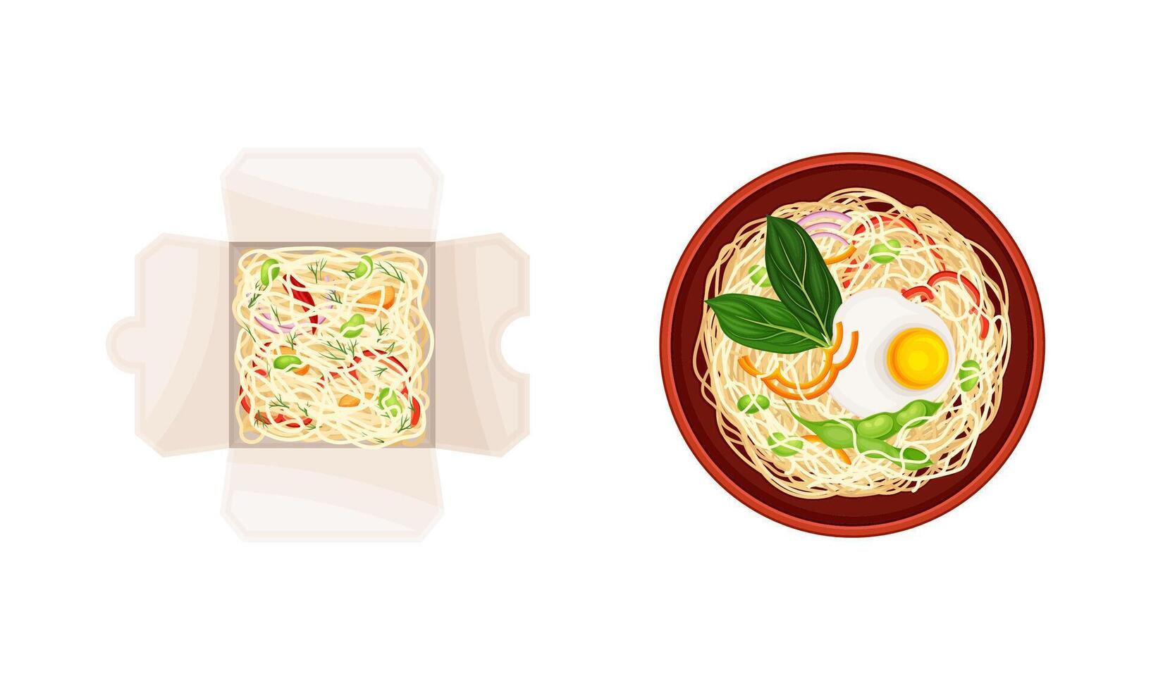 Cooked Noodle Served in Bowl and Garnished with Herbs and in Cardboard Box Above View Set vector