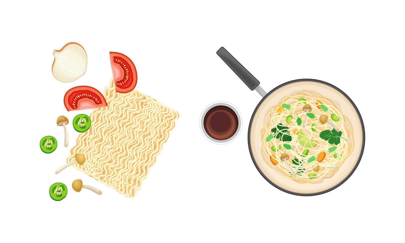 Ingredients for Chinese Noodle Preparation with Mushroom and Tomatoes and Served Dish Set vector