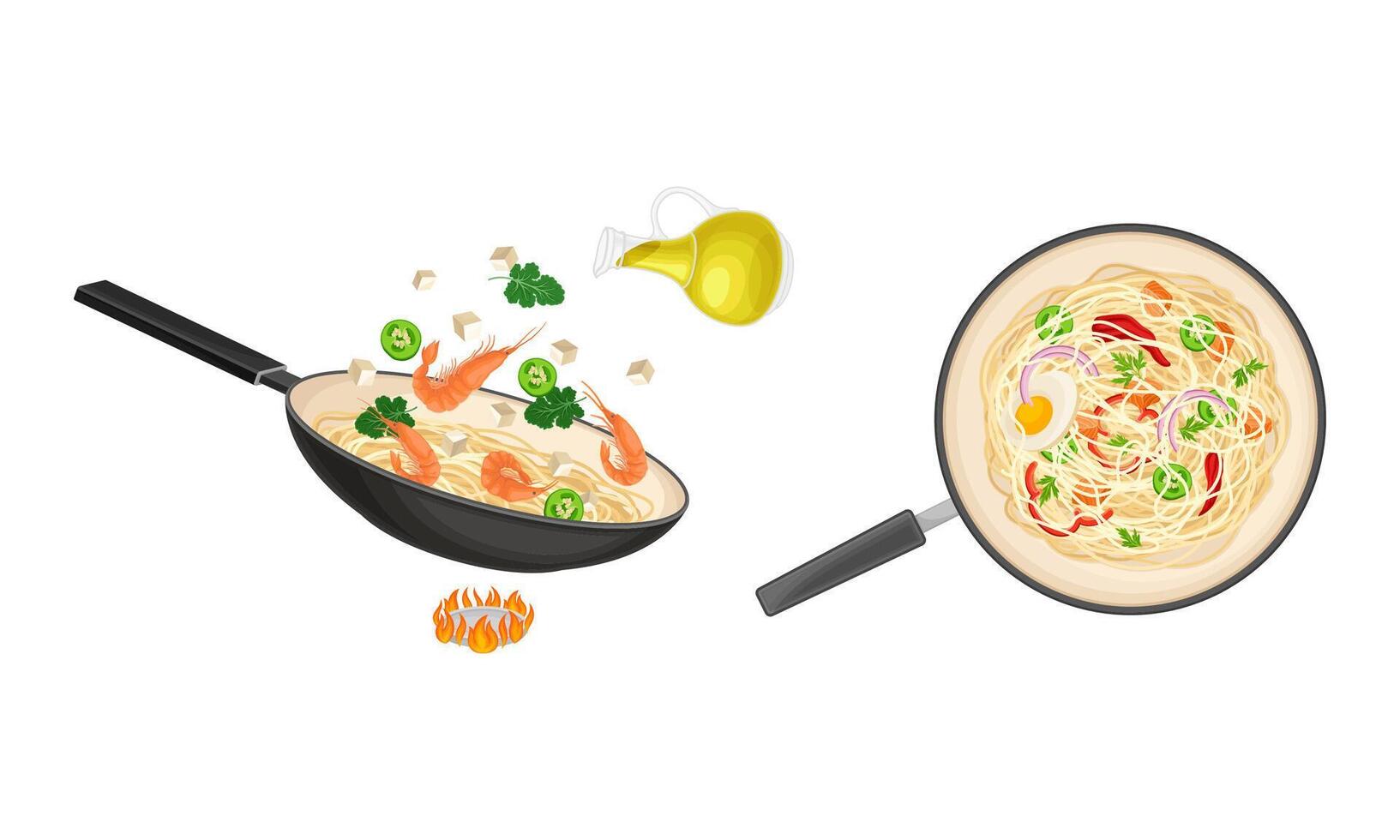 Chinese Udon Noodle Stir-frying in Wok Pan on Burner Set vector