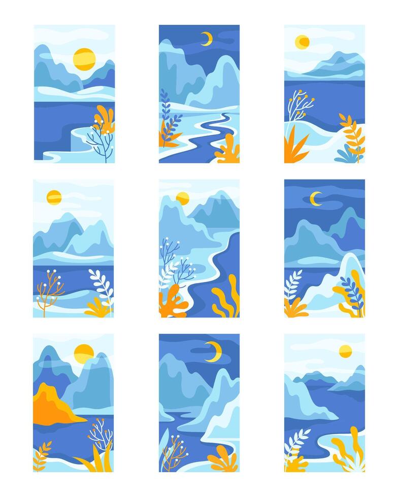 Blue Day and Night Abstract Landscape with Mountains and Sun with Crescent in the Sky Set vector