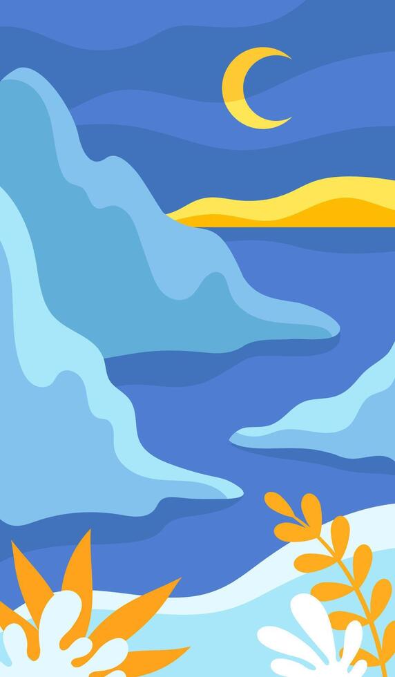 Blue Night Abstract Landscape with Mountains and Crescent in the Sky Illustration vector