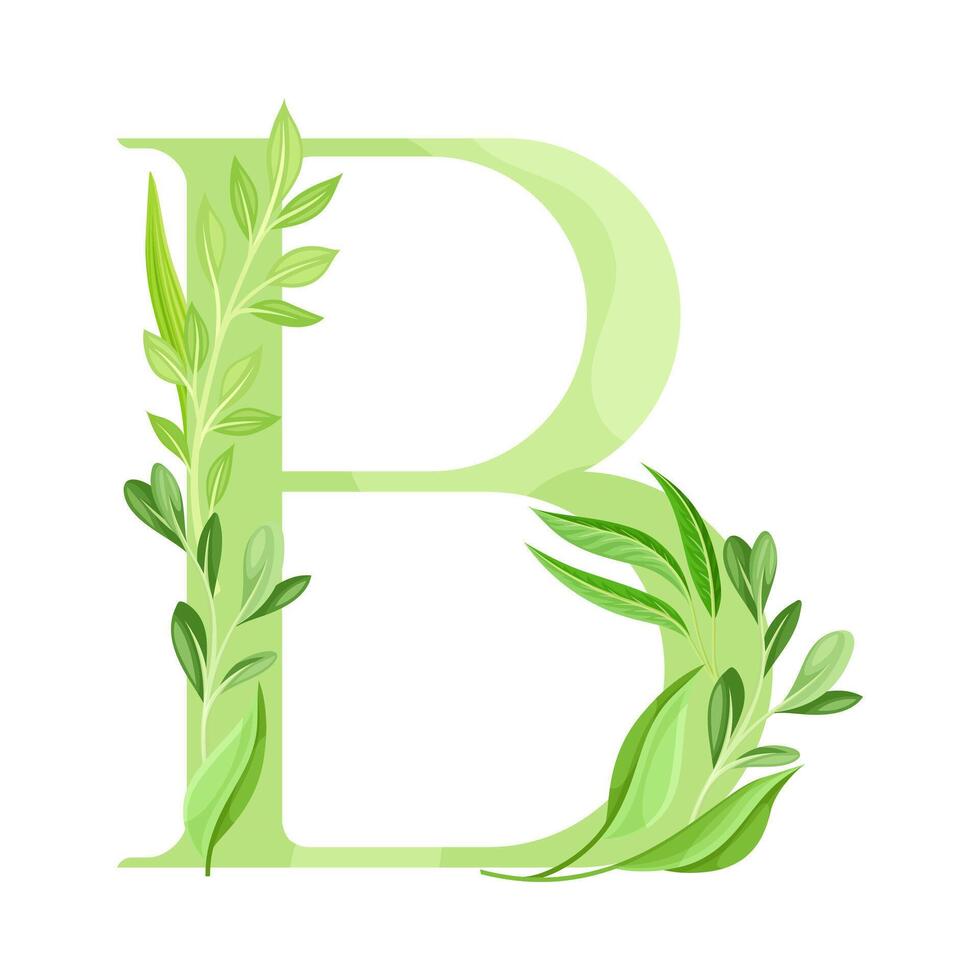 Alphabet Letter B Decorated with Green Foliage and Leaf Illustration vector