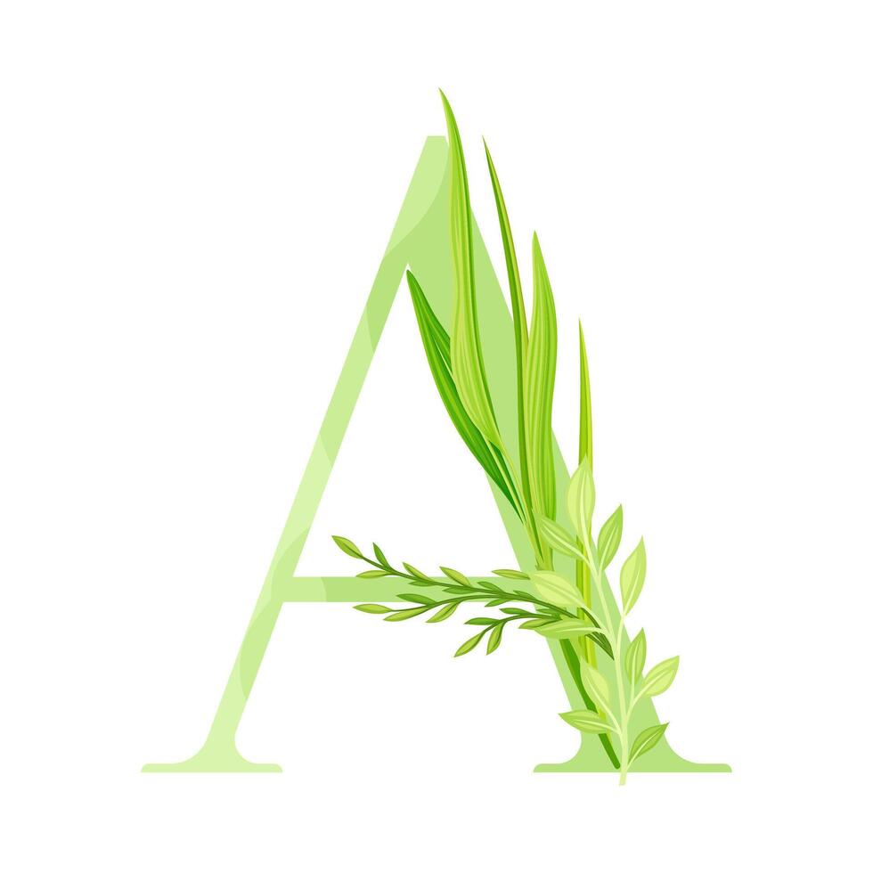 Alphabet Letter A Decorated with Green Foliage and Leaf Illustration vector