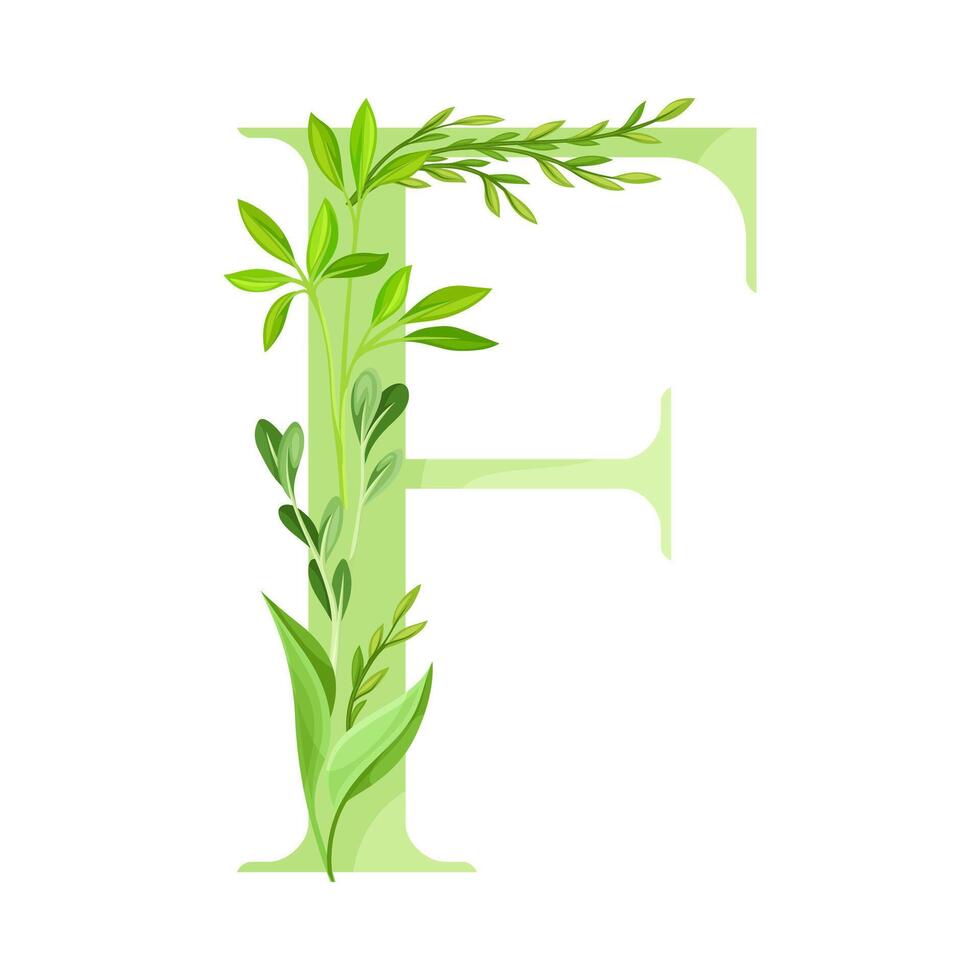 Alphabet Letter F Decorated with Green Foliage and Leaf Illustration vector