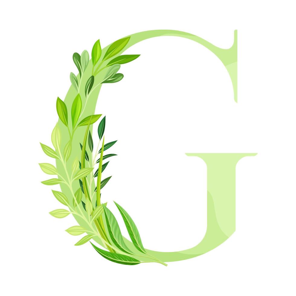 Alphabet Letter G Decorated with Green Foliage and Leaf Illustration vector