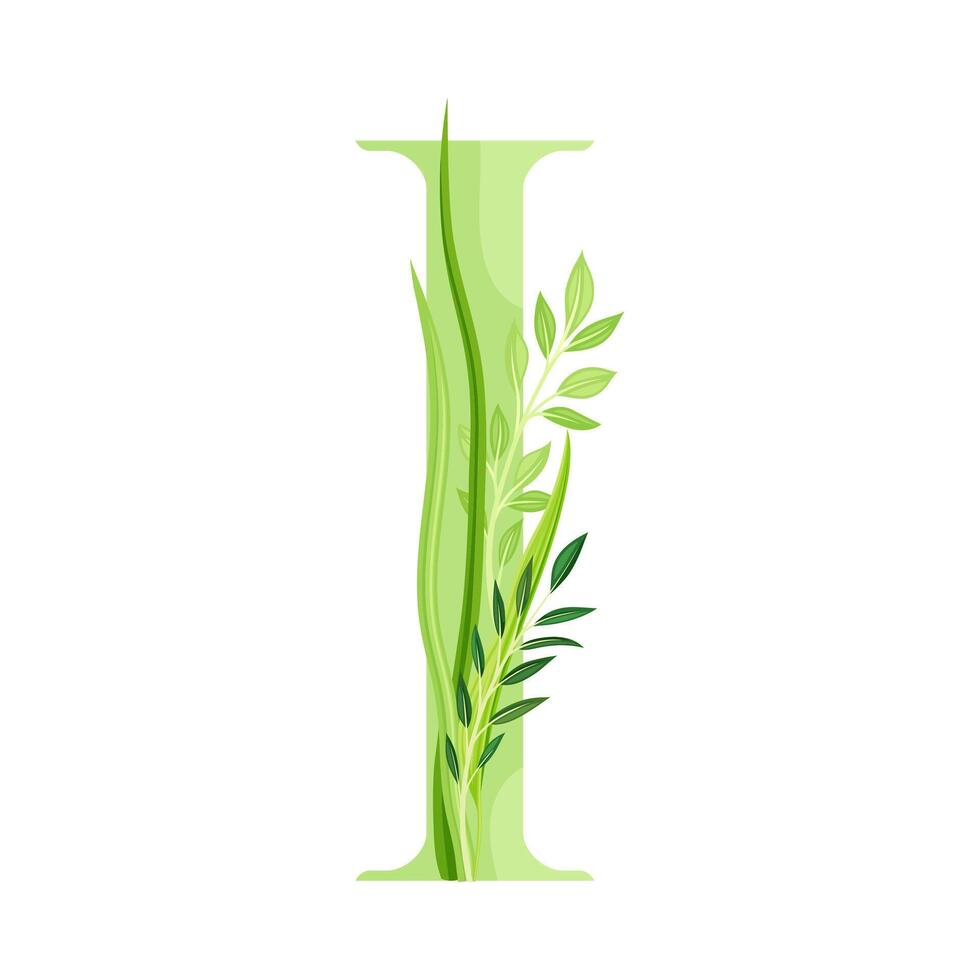 Alphabet Letter I Decorated with Green Foliage and Leaf Illustration vector