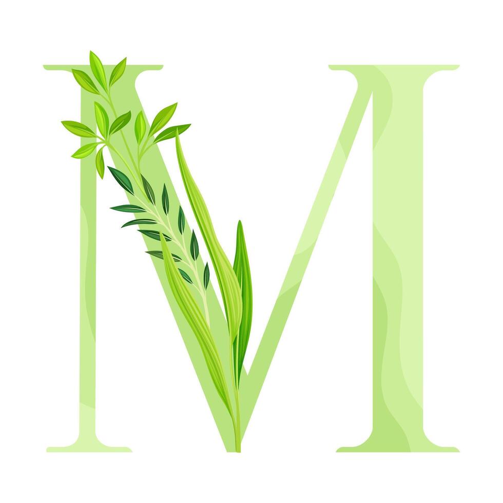 Alphabet Letter M Decorated with Green Foliage and Leaf Illustration vector