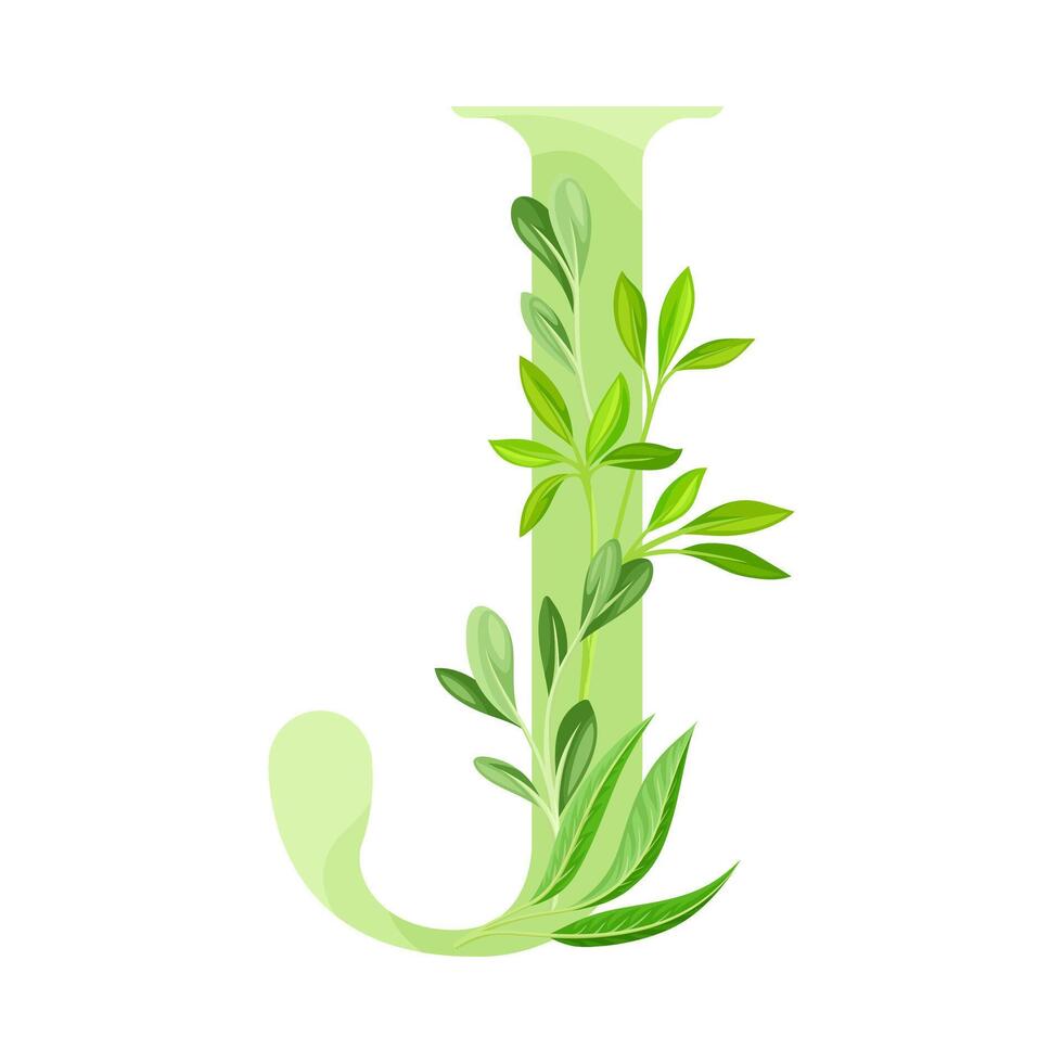Alphabet Letter J Decorated with Green Foliage and Leaf Illustration vector