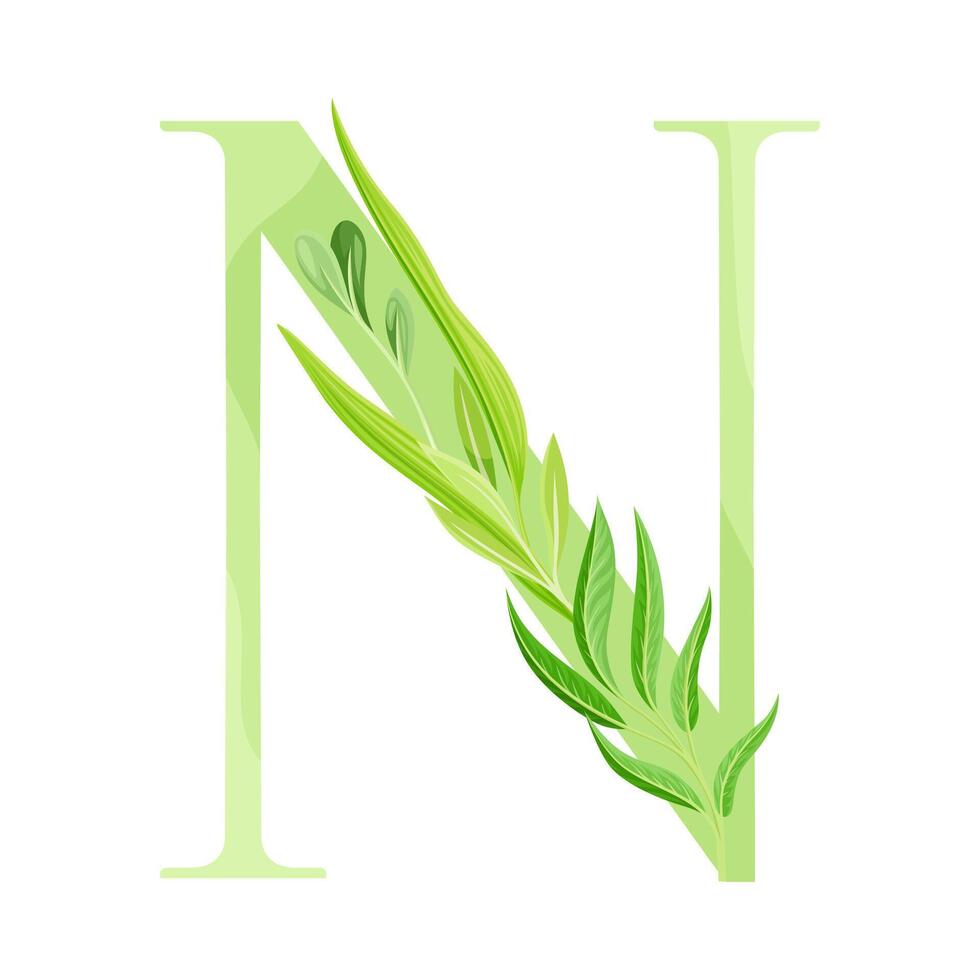 Capital Alphabet Letter N Decorated with Green Foliage and Leaf Illustration vector