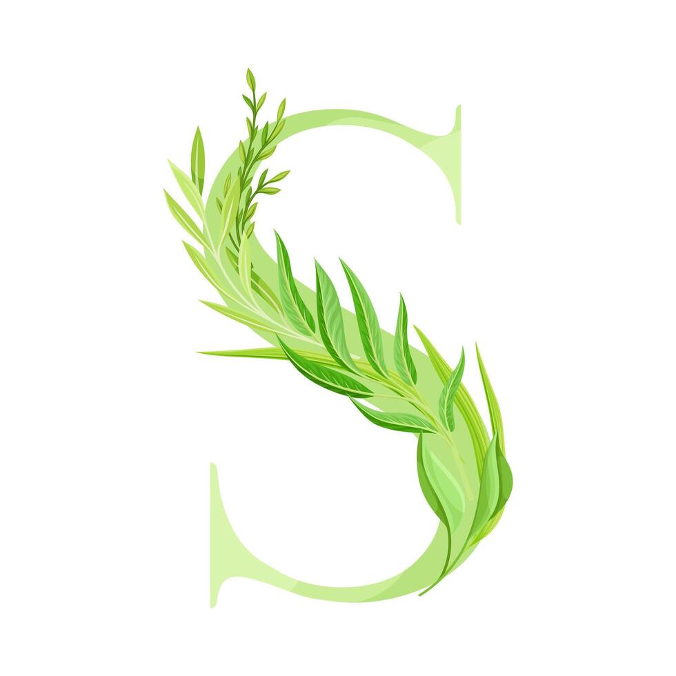 Capital Alphabet Letter S Decorated with Green Foliage and Leaf Illustration vector