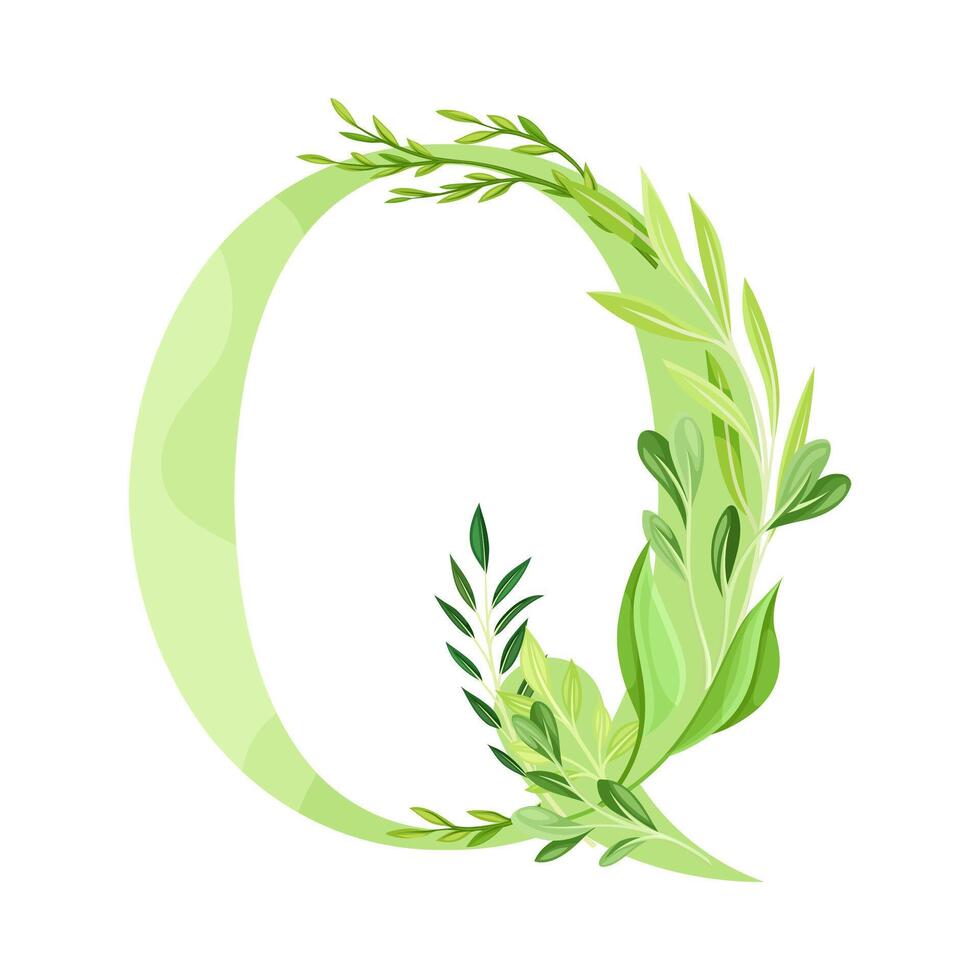 Capital Alphabet Letter Q Decorated with Green Foliage and Leaf Illustration vector