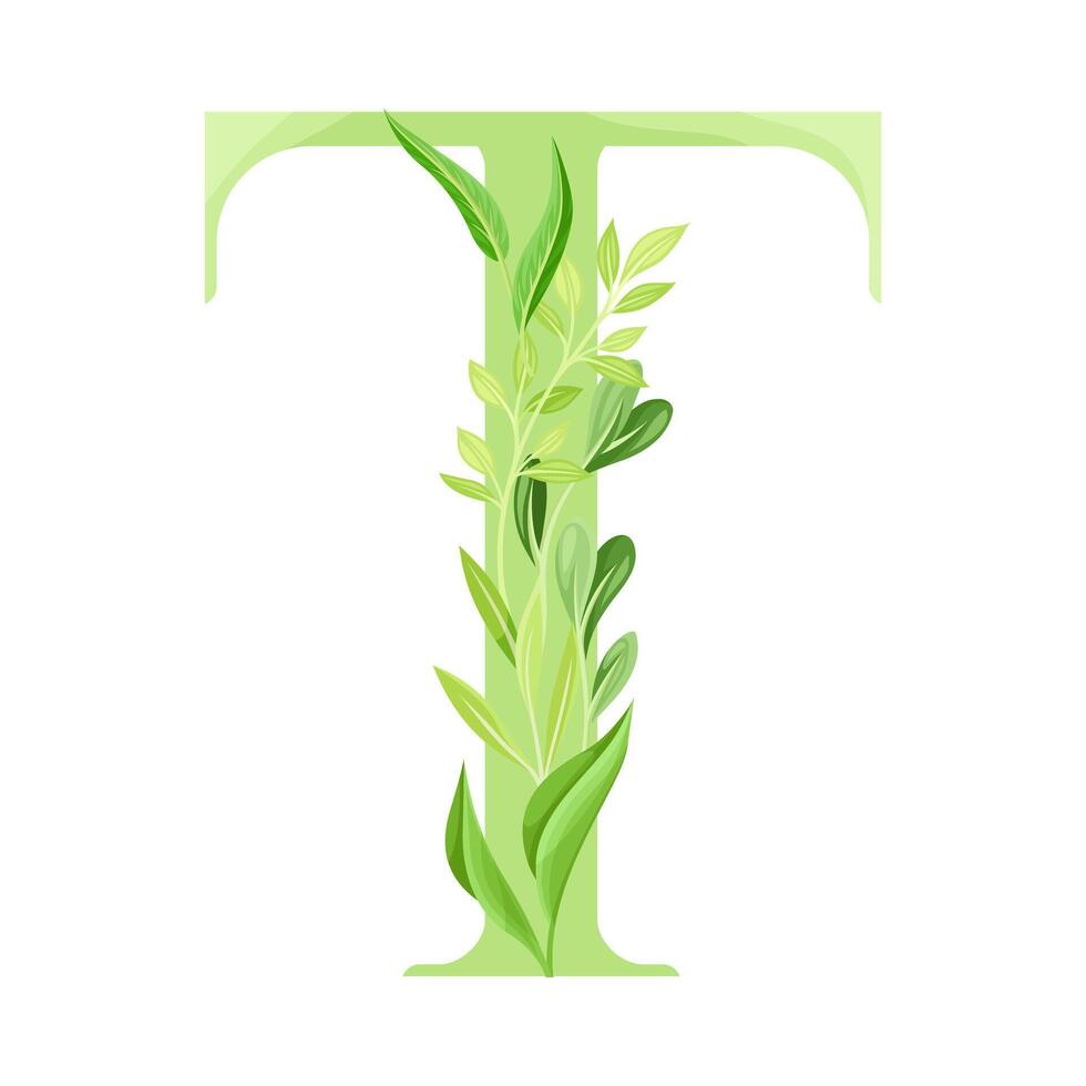 Capital Alphabet Letter T Decorated with Green Foliage and Leaf Illustration vector