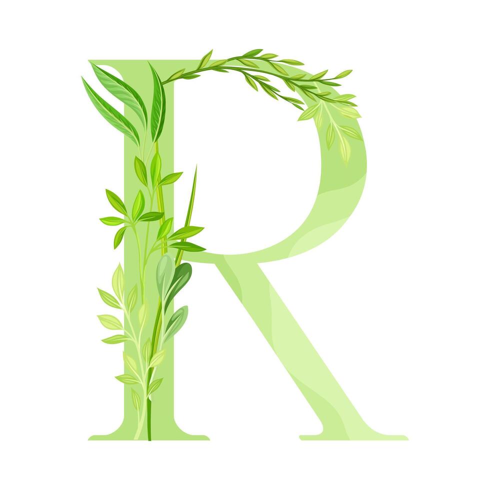 Capital Alphabet Letter R Decorated with Green Foliage and Leaf Illustration vector
