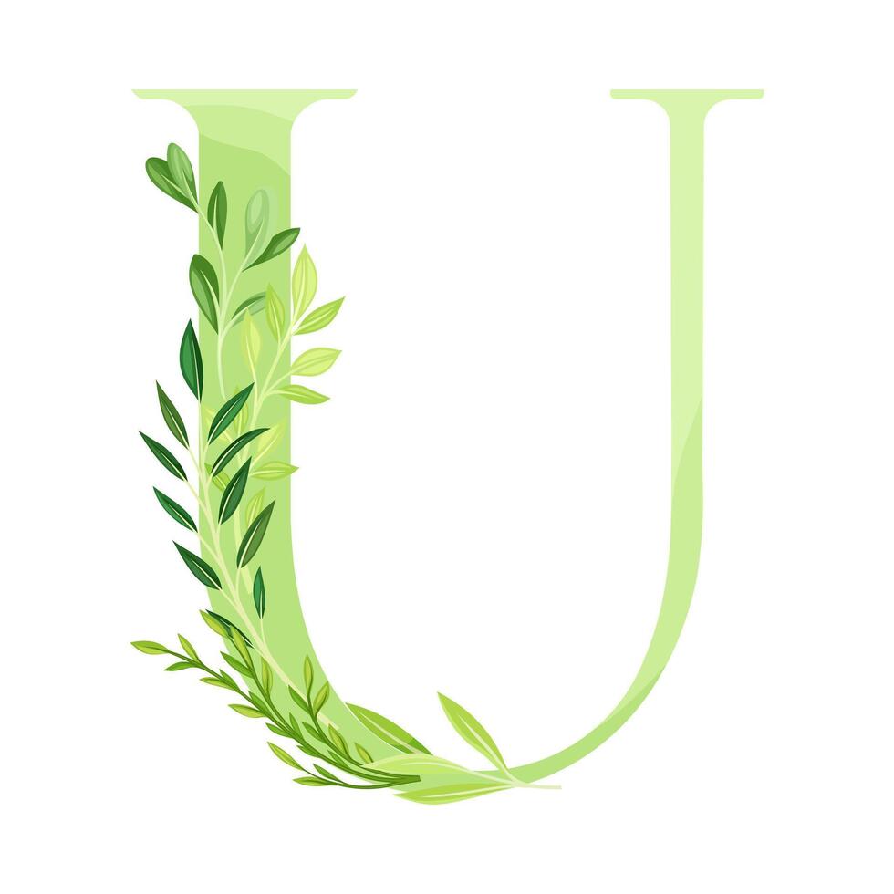 Capital Alphabet Letter U Decorated with Green Foliage and Leaf Illustration vector