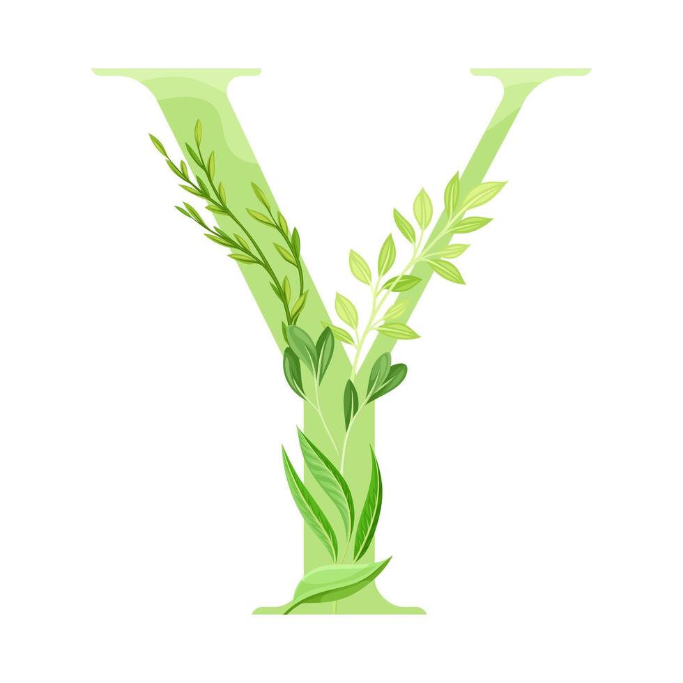 Alphabet Letter Y Decorated with Green Foliage and Leaf Illustration vector
