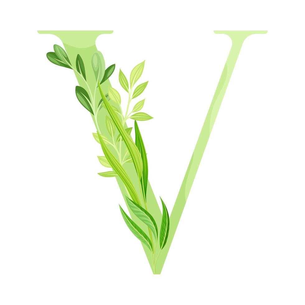Capital Alphabet Letter V Decorated with Green Foliage and Leaf Illustration vector