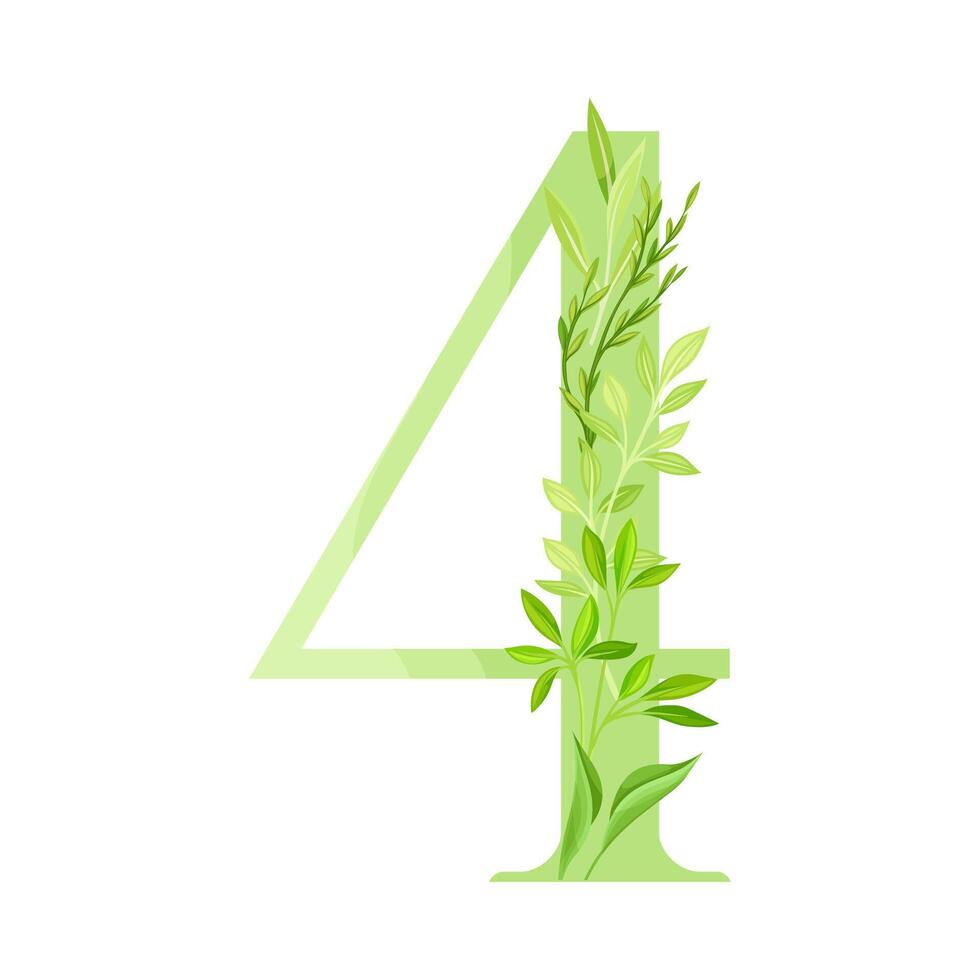 Number or Numeral Four Decorated with Green Foliage and Leaf Illustration vector