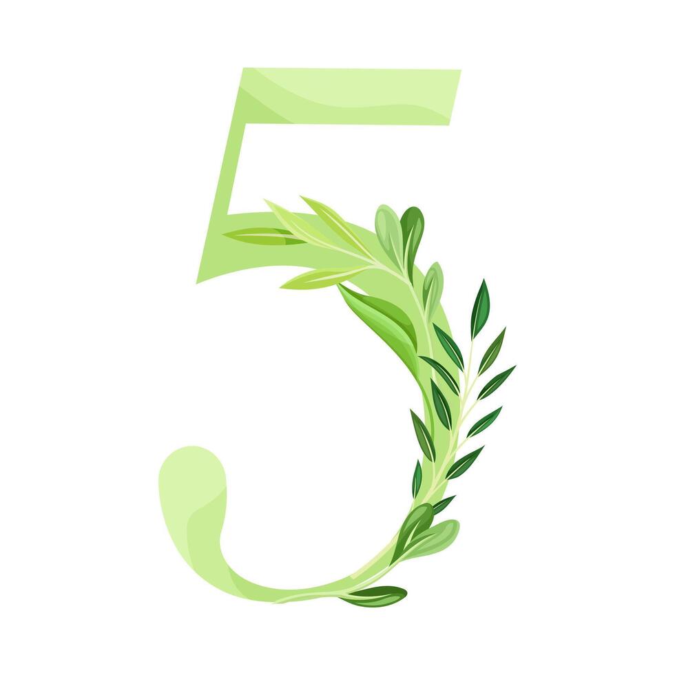 Number or Numeral Five Decorated with Green Foliage and Leaf Illustration vector