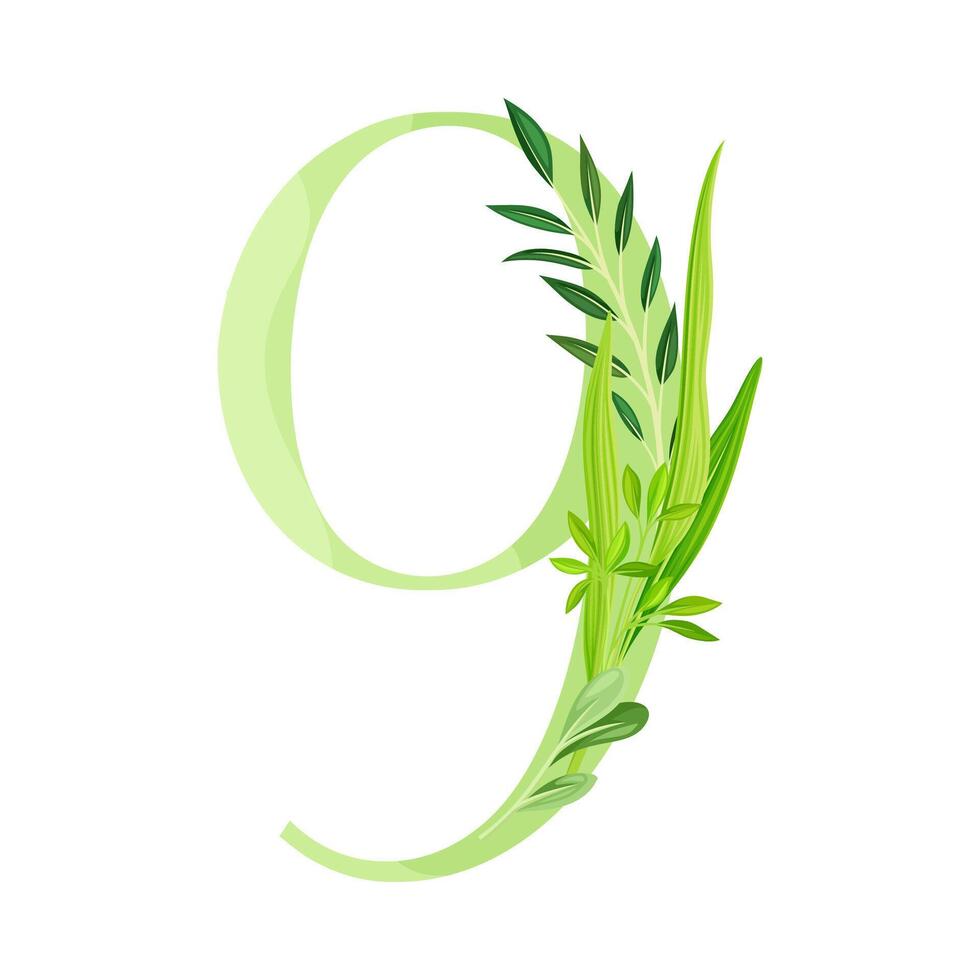 Number or Numeral Nine Decorated with Green Foliage and Leaf Illustration vector