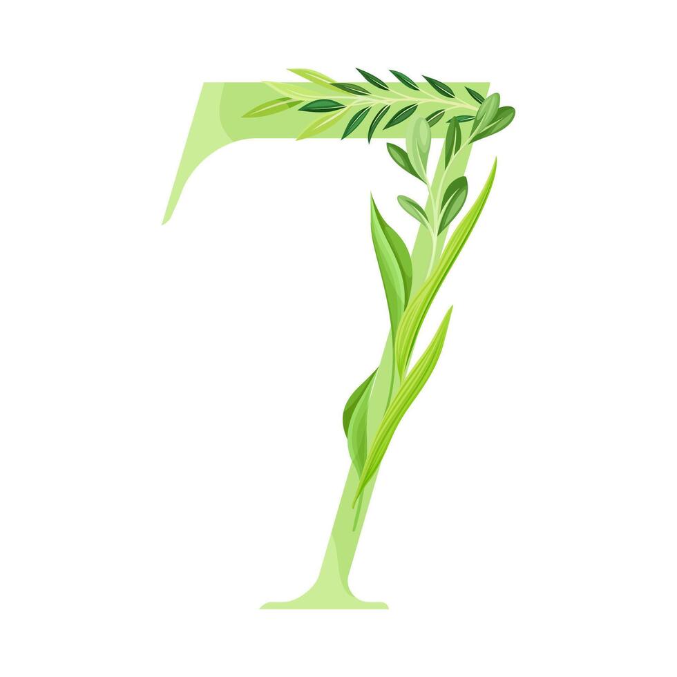 Number or Numeral Seven Decorated with Green Foliage and Leaf Illustration vector