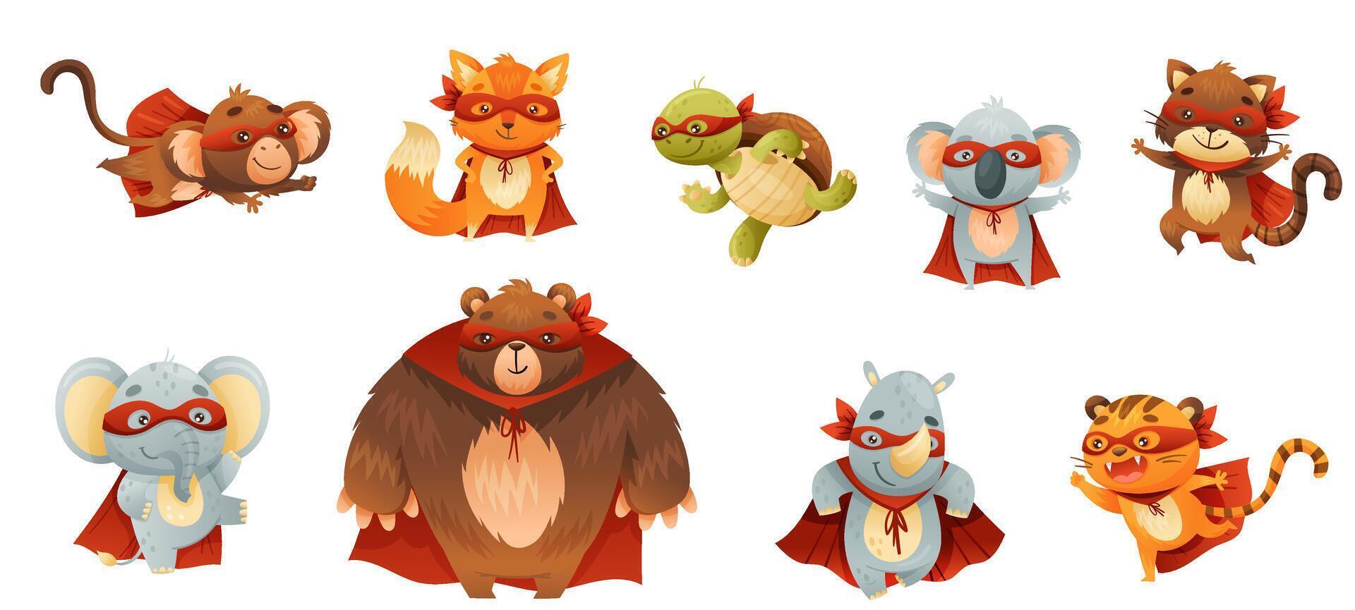 Animal Characters Superhero Dressed in Mask and Red Cape or Cloak Set vector