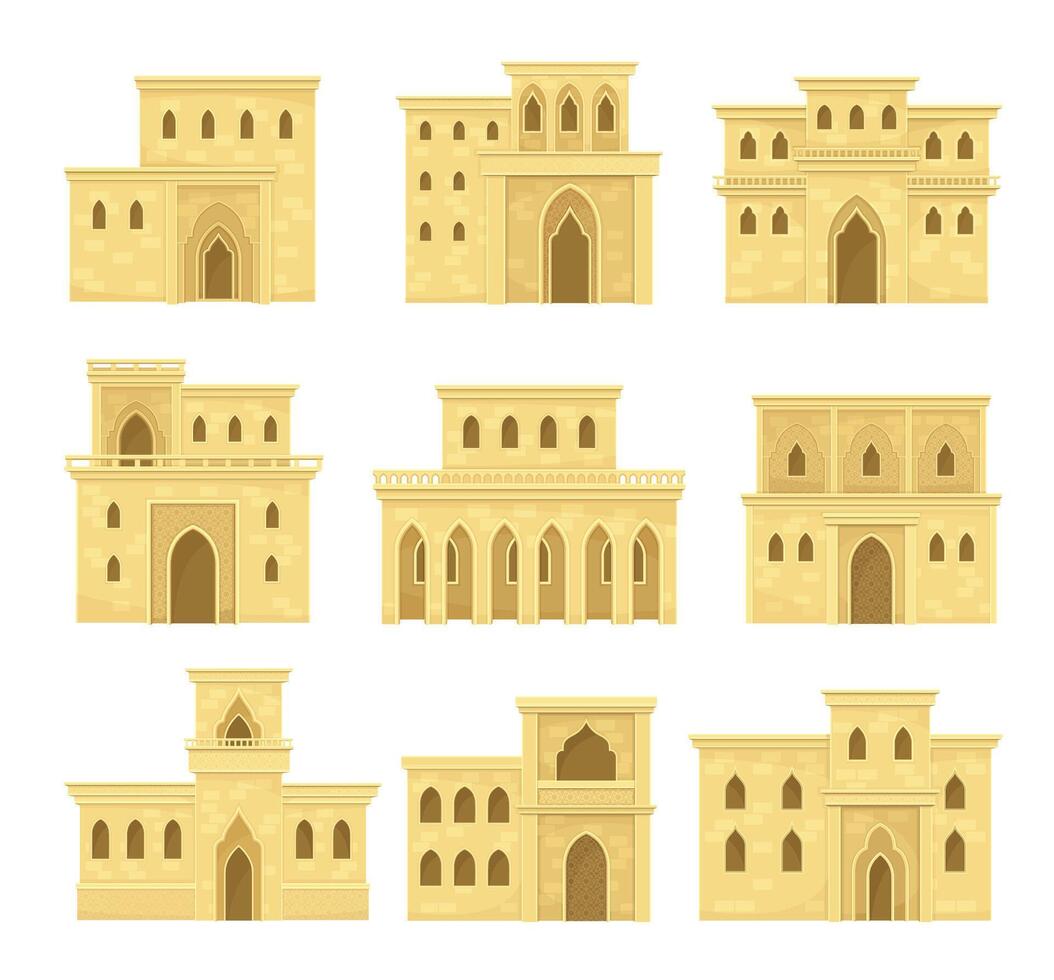 Ancient Arab desert mud houses set. Middle East buildings, traditional arabic architecture illustration vector