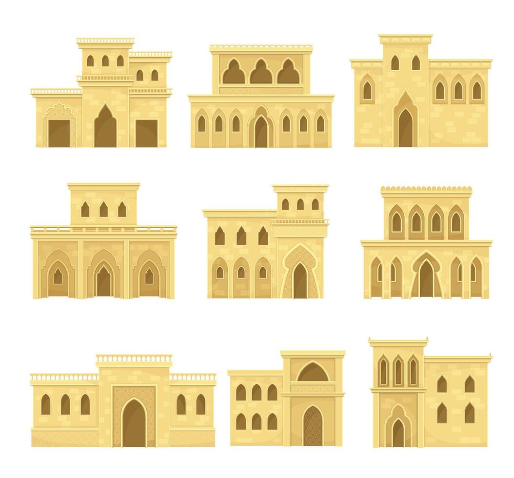 Authentic Arabian mud brick houses set. Middle East traditional architecture illustration vector