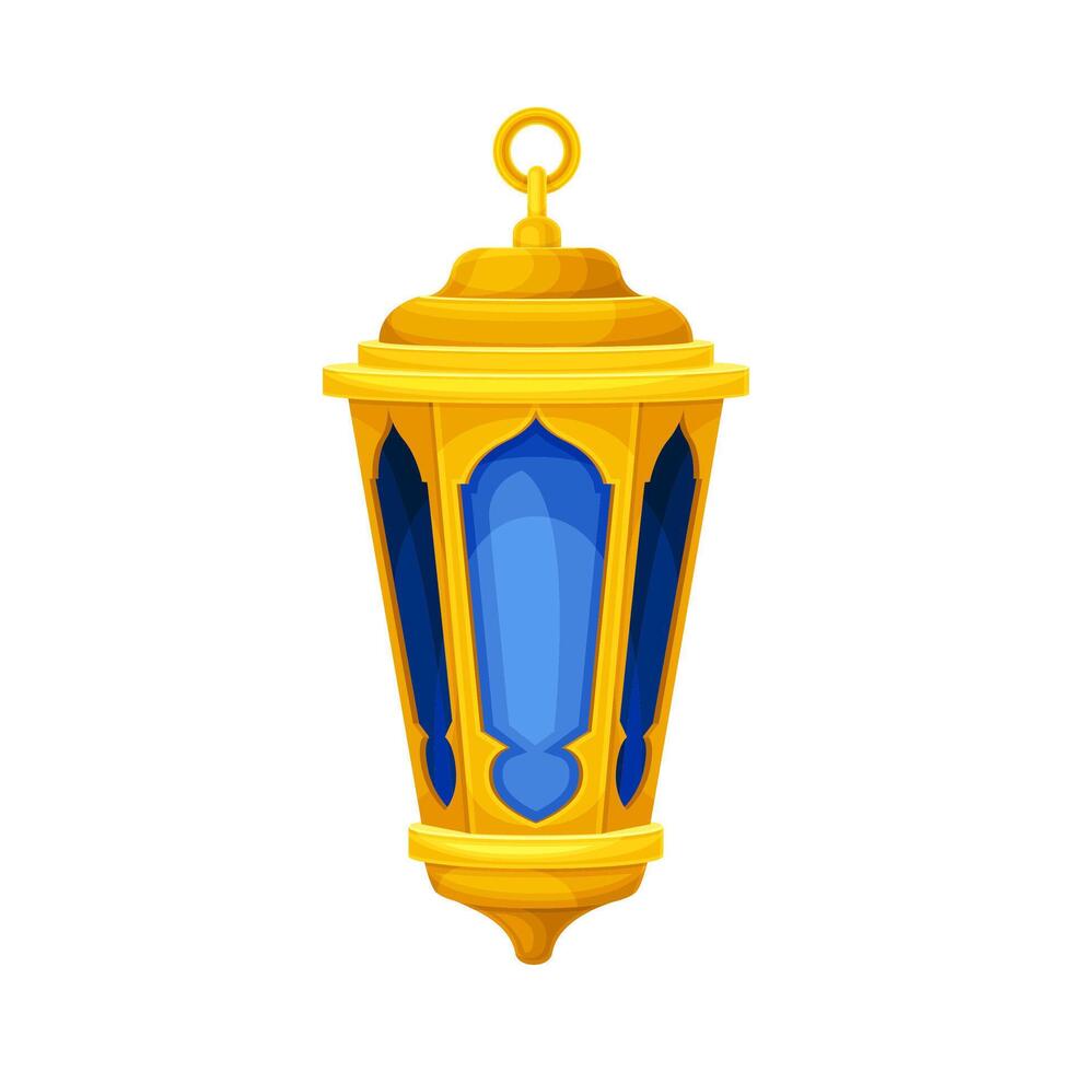 Arabic vintage golden lantern. Blue Ramadan lamp, traditional muslim symbol illustration vector