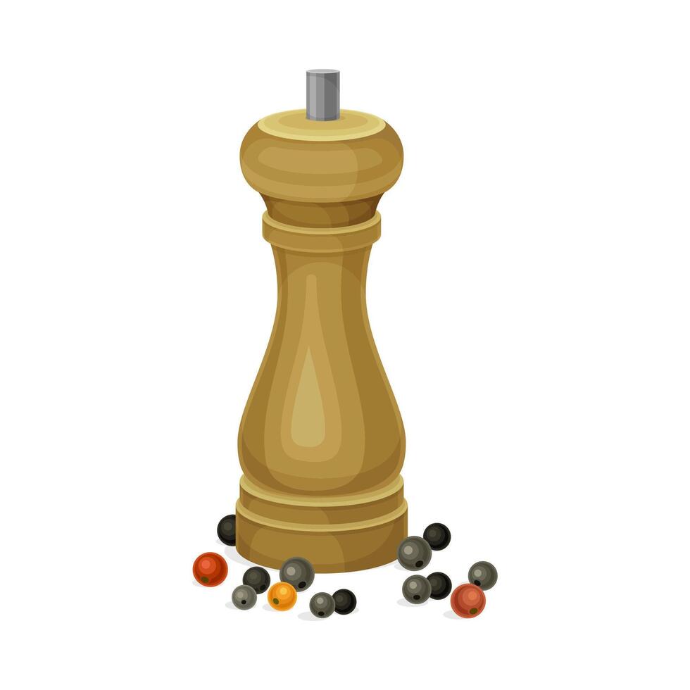 Black pepper wooden grinder with peppercorns illustration on white background vector