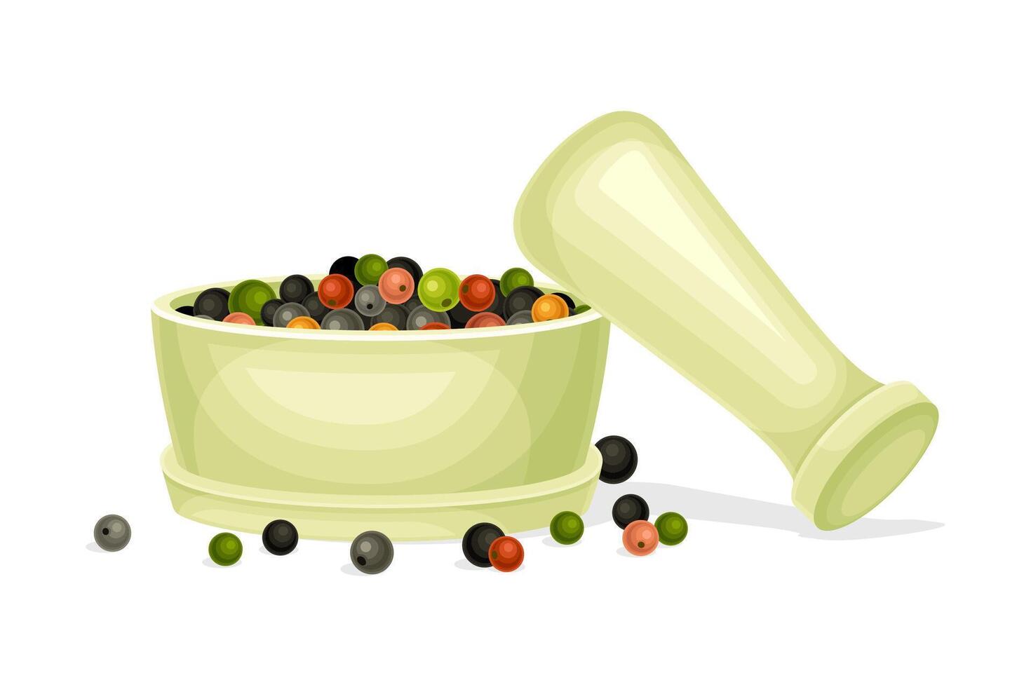 Peppercorn mix in ceramic mortar. Organic herbal seasoning product illustration vector