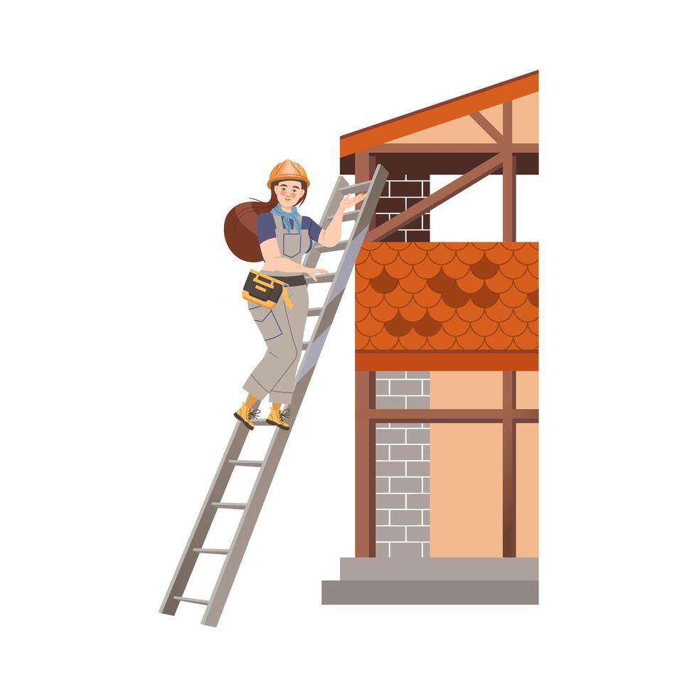 Woman Builder Character Climbing Up the Ladder to House Roof Top Illustration vector