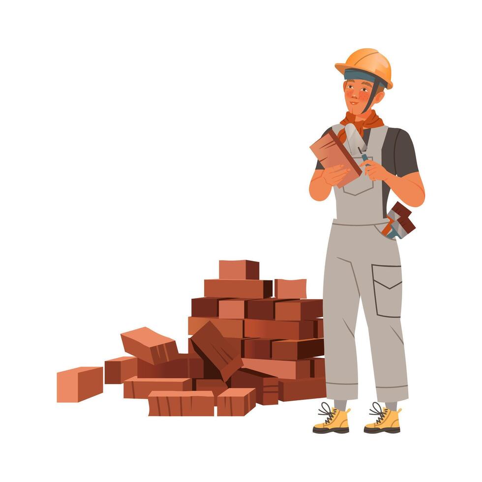 Man Builder Character Laying Bricks with Trowel Illustration vector