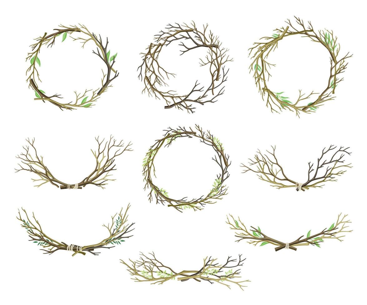 Bare Tree Branch Entangled in Wreath and Tied in Semi Circle Set vector