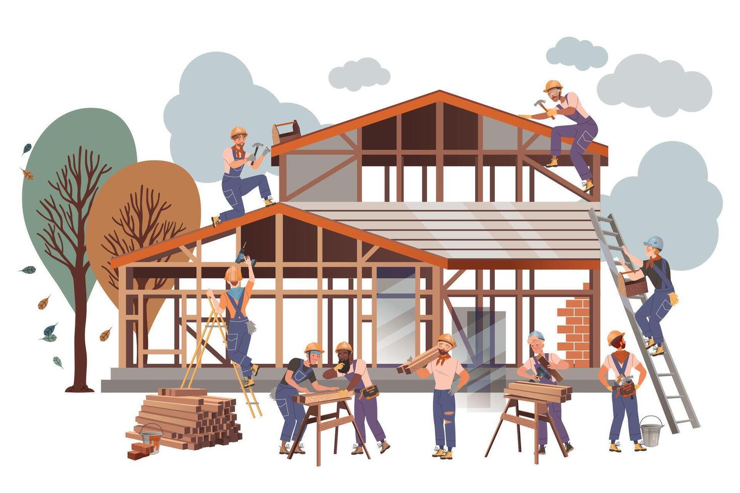 People Builder Character Building House Engaged in Construction Roofing Works Illustration vector