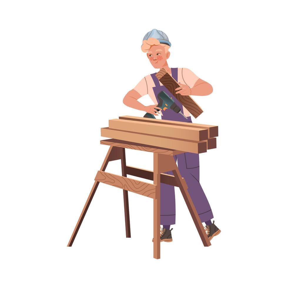 Smiling Man Builder Character with Drill and Wood Material Building House Illustration vector