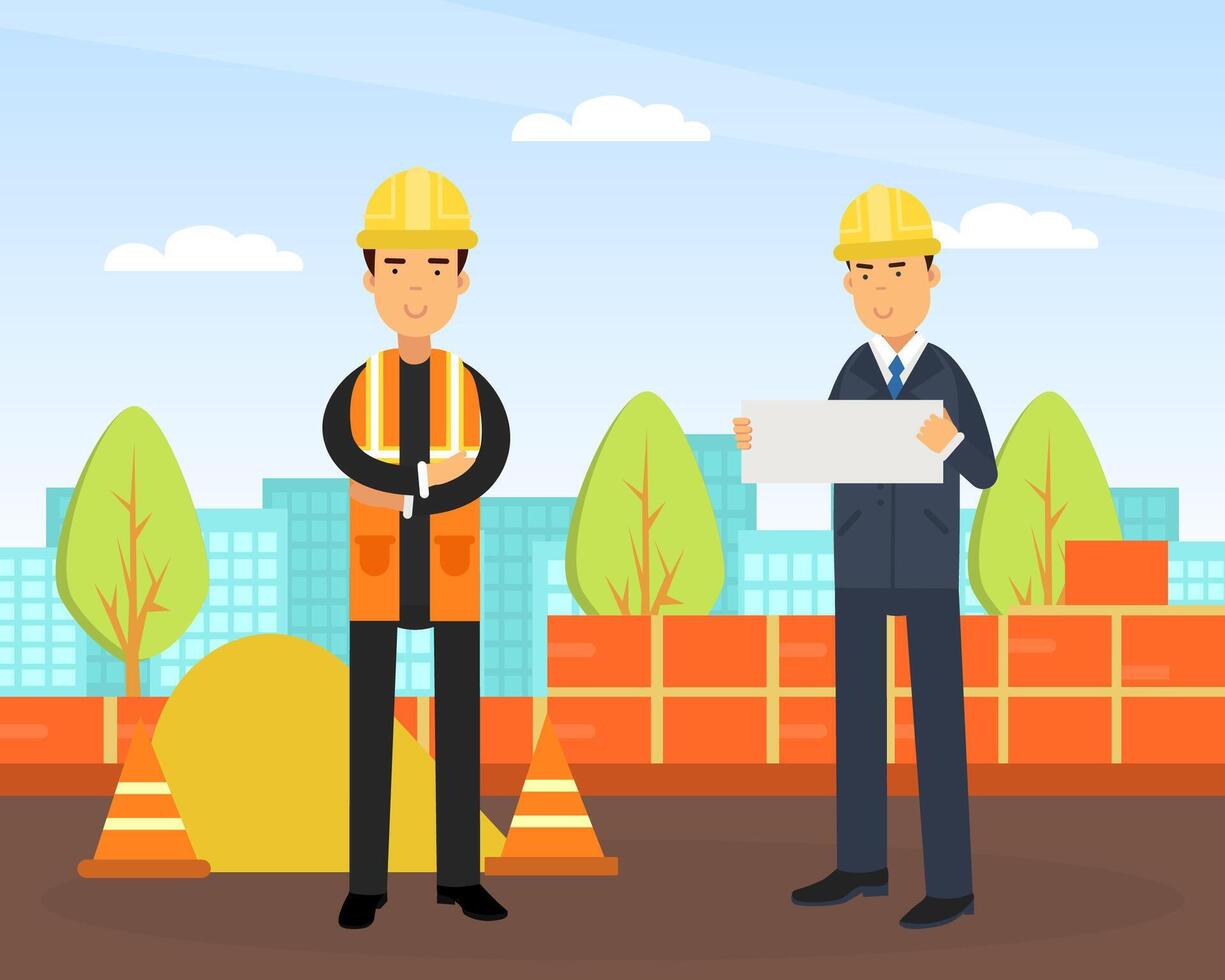 Man Builder Character in Yellow Hard Hat at Construction Site Engaged in House Building Illustration vector