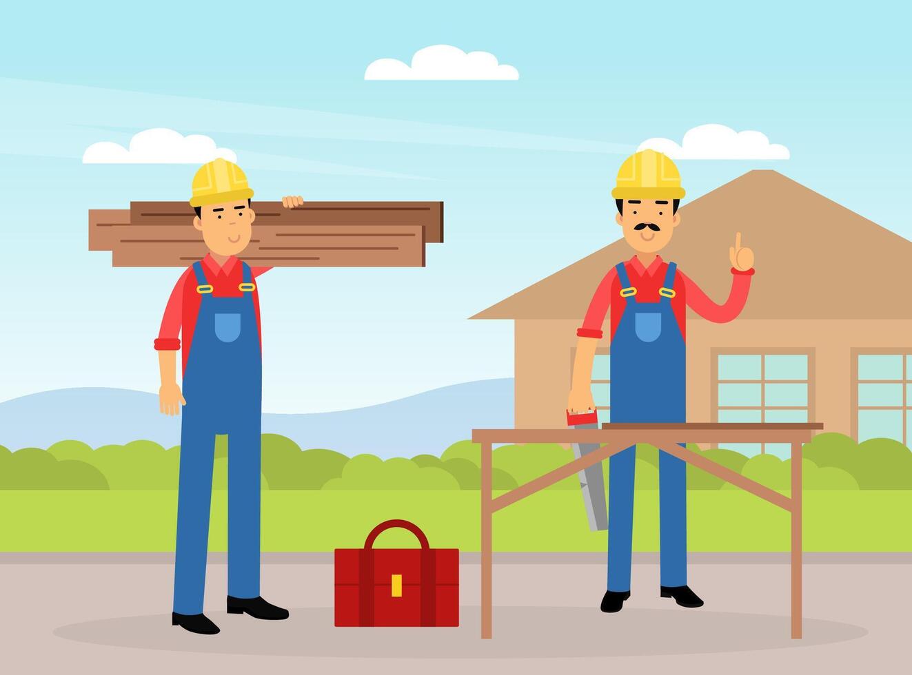 Man Builder Character in Yellow Hard Hat Holding Wood Material at Construction Site Engaged in House Building Illustration vector