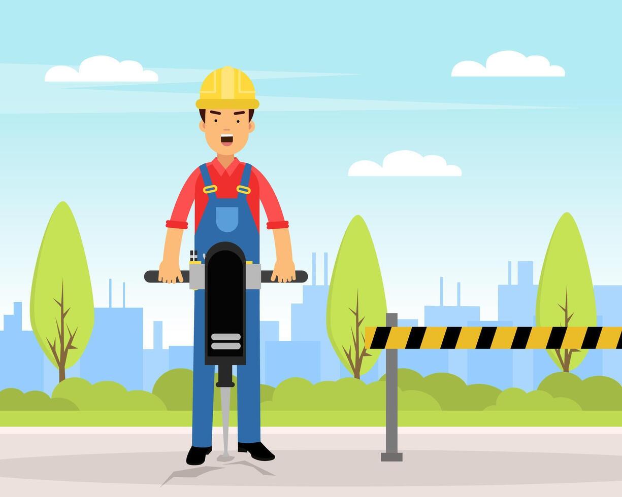 Man Builder Character in Yellow Hard Hat with Rock Drill at Construction Site Engaged in Road Work Illustration vector